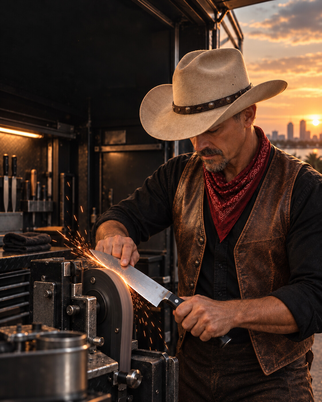 Cowboy Sharpening a chef knife during a mobile on-site visit